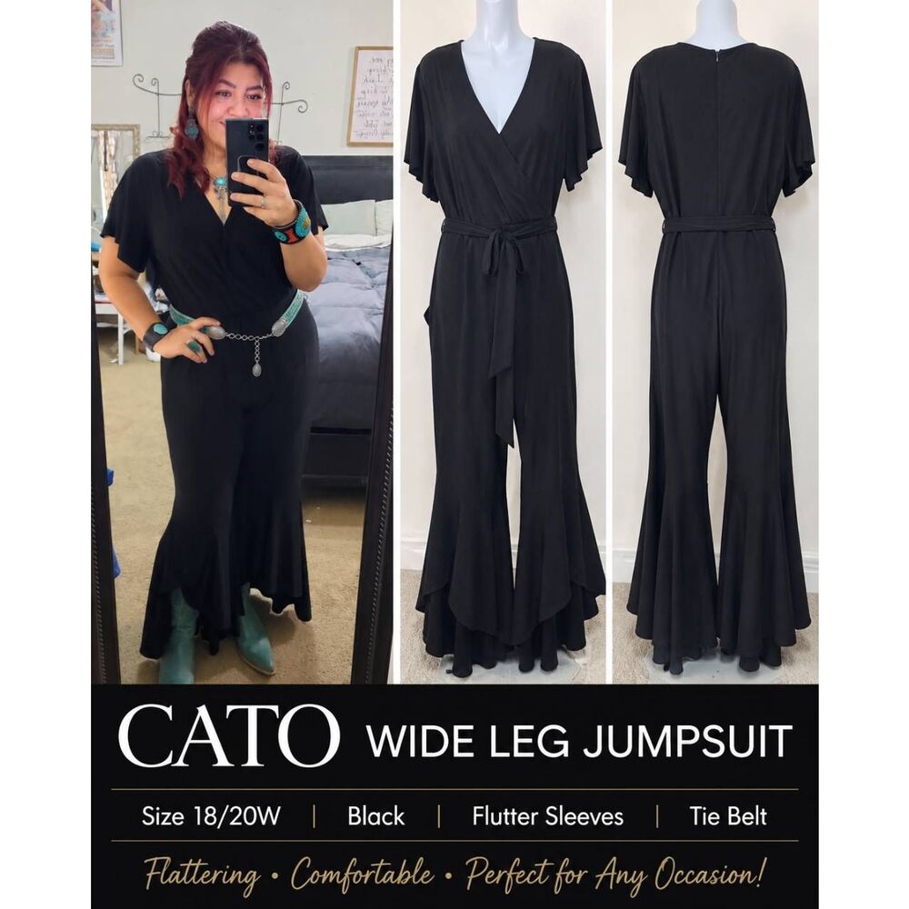 Cato Black Wide Leg Jumpsuit Women's 18/20W Belted Flutter Sleeve Stretch - Picture 7 of 7